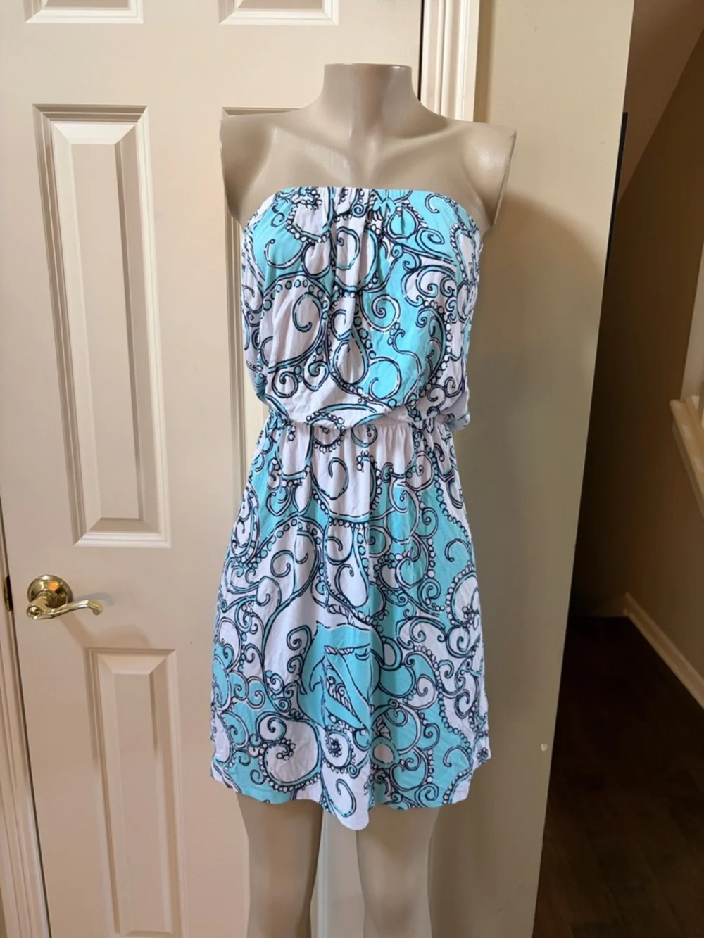 Lilly Pulitzer Turquoise & White Strapless Swirl Print Dress, small - Picture 1 of 4